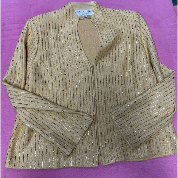 St. John Evening 3 Piece Suit Set gold Knit Jacket Sz 8 Top Sz 6, &Skirt Sz 8 - Picture 3 of 15